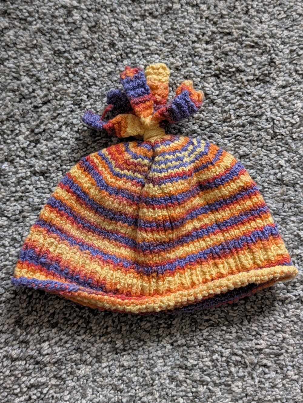 Striped Knit Pom Baby Hat in Orange, Purple & Yellow